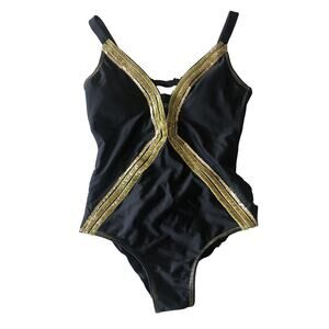 ADG Angel De La Guarda One Piece Plunge Black Gold Sequin Swimsuit Shimmer Sz M